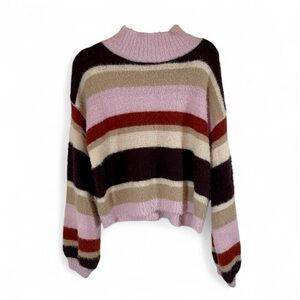 Louna Striped Mock Neck Soft Sweater in Pink and Brown - Women’s Size XL